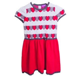 PEKKLE Heart Print Cotton Knit Dress With Cap Sleeves Red/Grey Girls Size 10Y